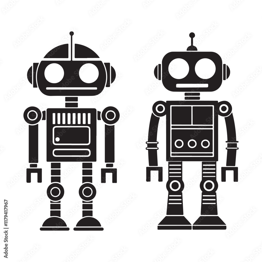 Fototapeta premium Retro-style robot illustrations, vintage robot designs, black and white robot graphics, classic robot vector art, robotic characters for tech-themed projects