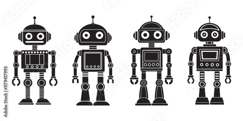 Set of four vintage black and white retro robots with antennas and mechanical arms, perfect for technology, sci-fi, and futuristic design projects