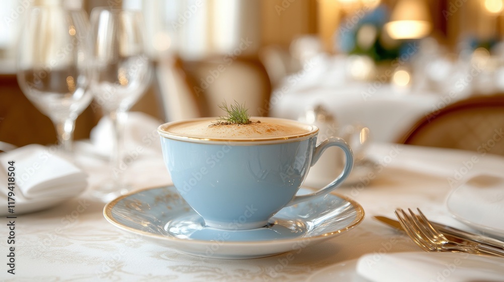 Elegant Blue Cup with Coffee on White Table in Fine Dining Setting Elegant Blue Cup with Coffee on White Table in Fine Dining Setting