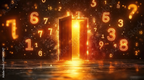 Glowing numbers and open doorway leading to a mysterious light source. The concept of mysticism, rituals, astrology, fortune-telling, shamanism, tarot, seers, clairvoyants