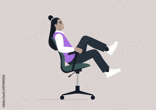 Cheerful manager rolling in an office chair, embracing a fun and playful moment at work, Team-building and joy in the workplace concept