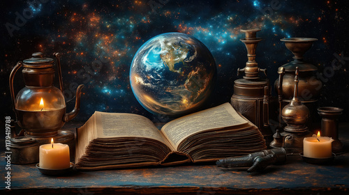 Mystical earth with open ancient book, candles, and vintage artifacts in cosmic setting. The concept of mysticism, rituals, astrology, fortune-telling, shamanism, tarot, seers, clairvoyants