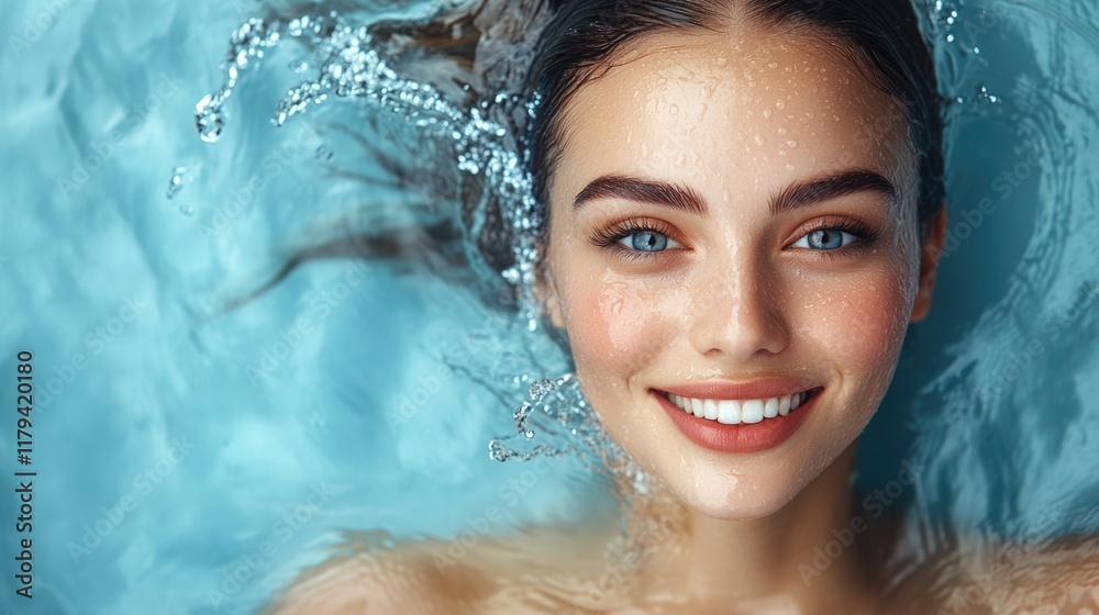 Young caucasian woman smiling in water with fresh, radiant skin and sparkling eyes Young caucasian woman smiling in water with fresh, radiant skin and sparkling eyes