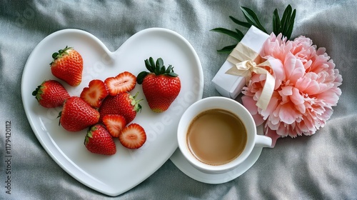 A plate of fresh, juicy strawberries rests beside a steaming cup of tea, surrounded by delicate flowers in full bloom.