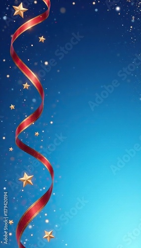 Red and gold ribbon with stars against a clear blue sky, celebration, blue sky, twinkle