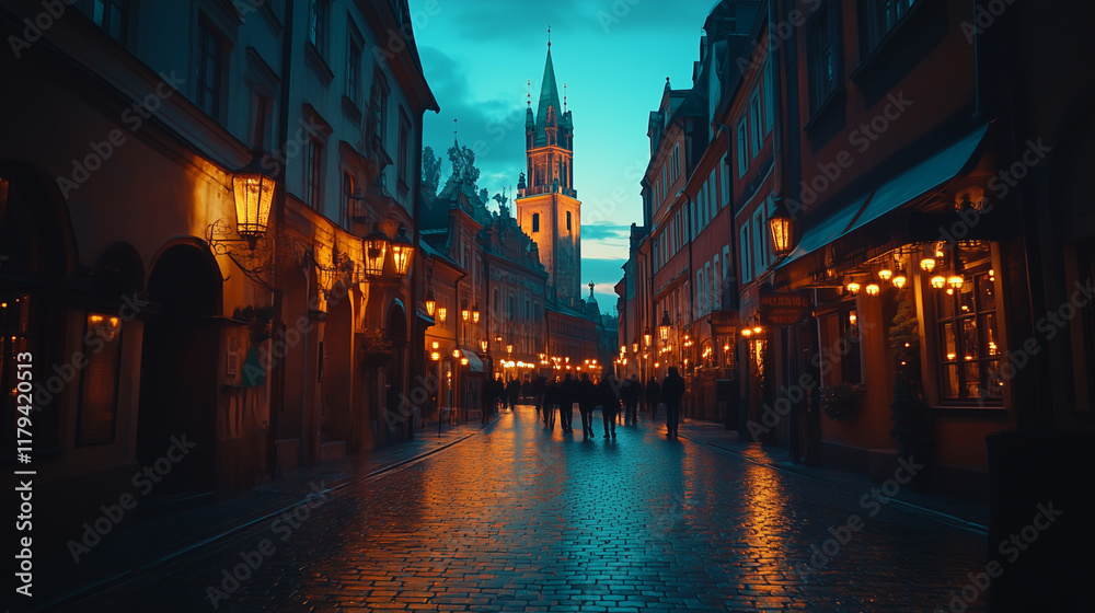 Fototapeta premium Enchanting Cobblestone Streets Illuminated by Warm Lights at Twilight