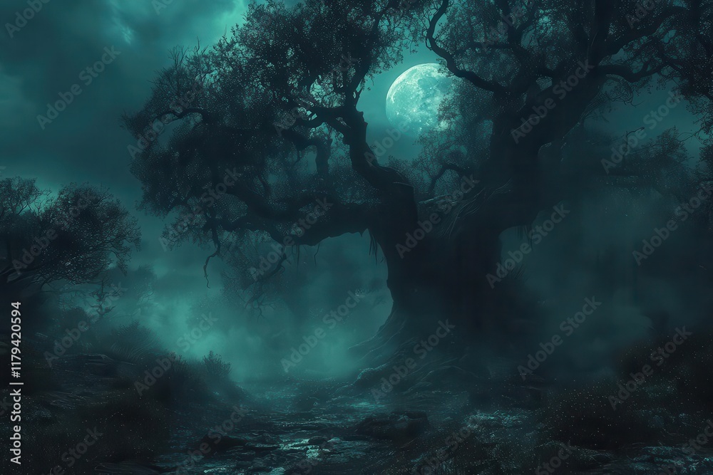 Obraz premium atmospheric dark forest scene with mysterious fog and eerie halloween elements ancient trees cast spooky shadows in moonlight