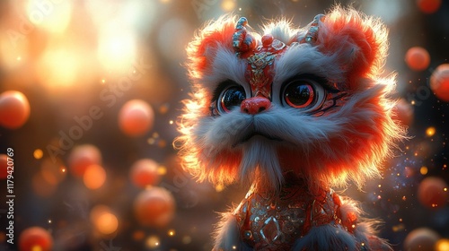 Cute fantasy creature with large eyes in glowing sunset. Chinese New Year