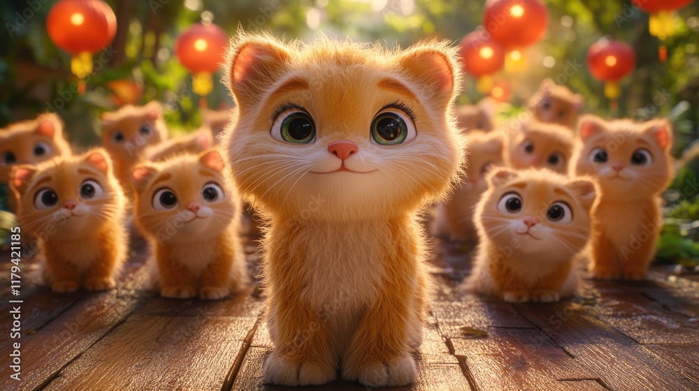 Fototapeta premium Group of adorable orange kittens with big eyes in a garden with lanterns. Chinese New Year