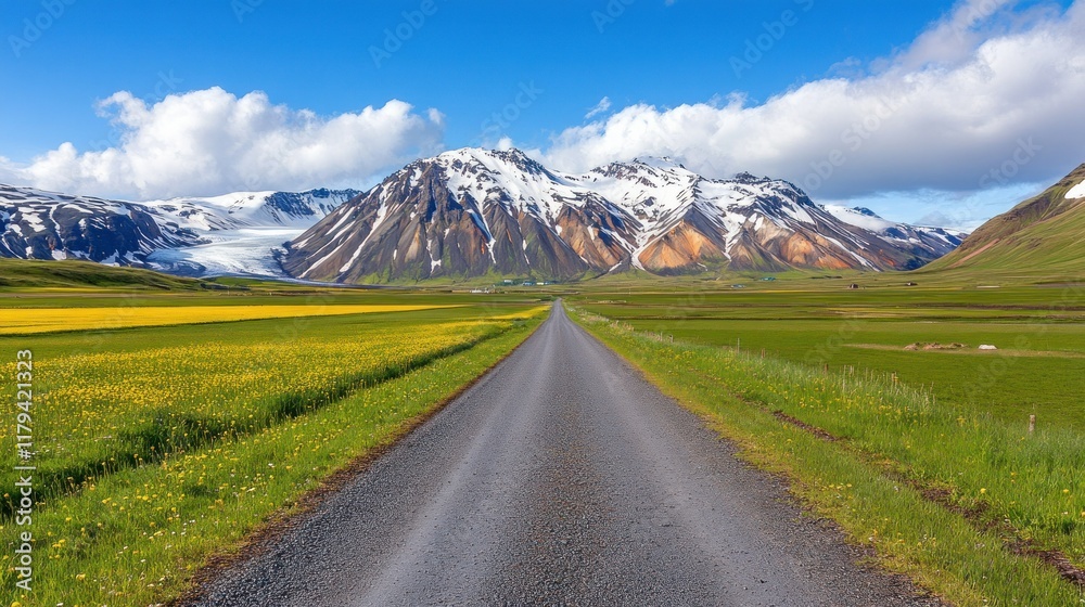 A scenic gravel road winds through vibrant yellow wildflowers, leading towards a majestic snow-capped mountain range under a brilliant blue sky. A breathtaking landscape! A scenic gravel road winds through vibrant yellow wildflowers, leading towards a majestic snow-capped mountain range under a brilliant blue sky. A breathtaking landscape!