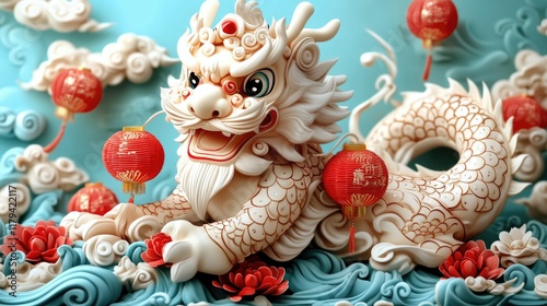 Ceramic dragon sculpture with red lanterns and lotus flowers. Chinese New Year photo