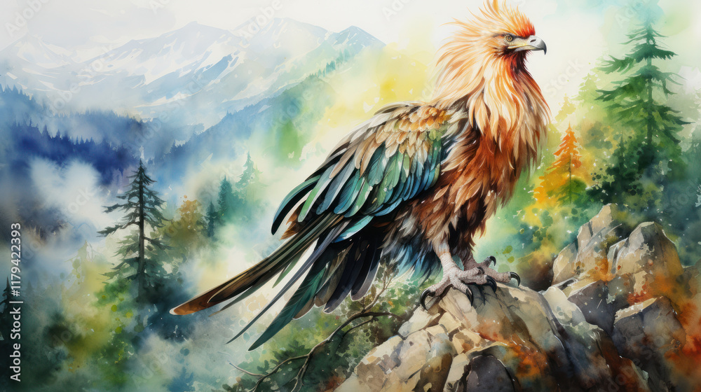 Fototapeta premium Majestic Chinese phoenix perched on mountain peak, surrounded by nature beauty