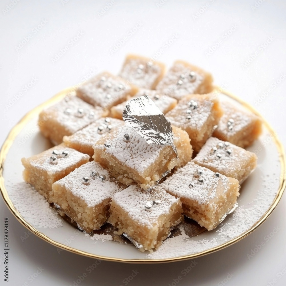 Traditional Indian Sweets on Elegant Plate with Decorative Silver Foil and Powdered Sugar Traditional Indian Sweets on Elegant Plate with Decorative Silver Foil and Powdered Sugar