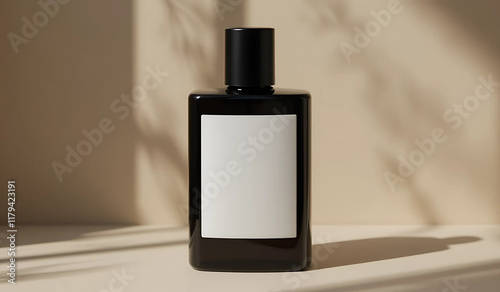 A black perfume bottle with a blank label, bathed in warm sunlight, casting artistic shadows. photo