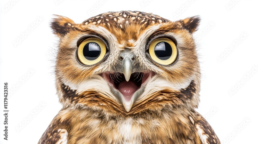 Naklejka premium Charming Owl with Large Eyes and Expressive Face on White Background