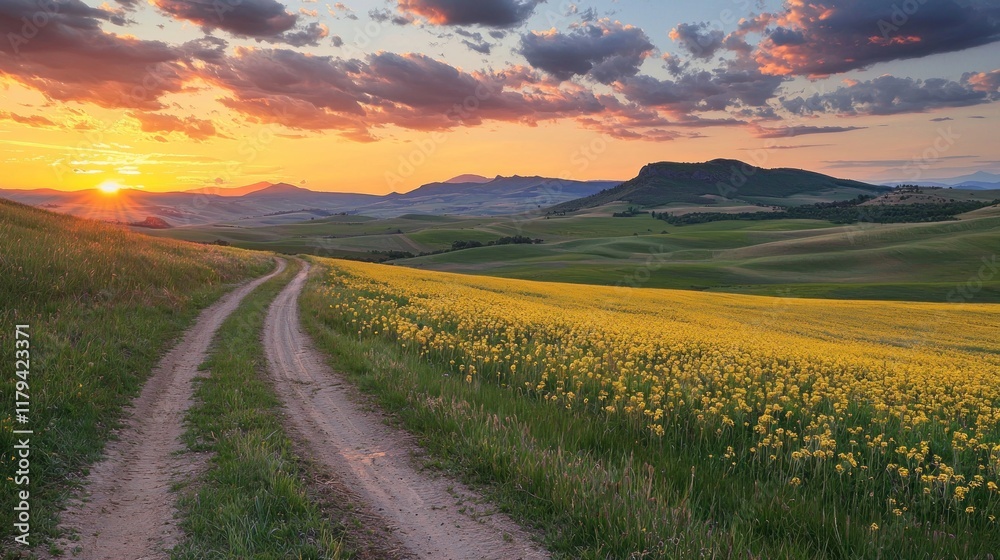 Fototapeta premium Sunset over Rolling Hills and Yellow Flowers