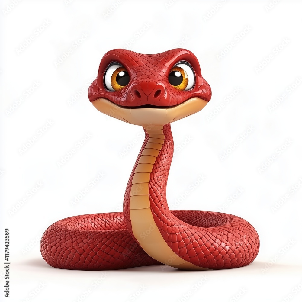Fototapeta premium Bright red cartoon snake with a joyful expression stands upright, showcasing its playful design and vibrant colors. Symbol of Chinese New Year