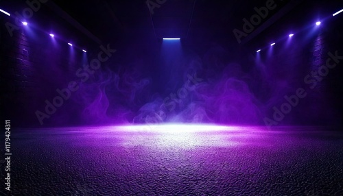 Empty background scene. Dark street reflection on wet asphalt. Rays of neon light in the dark, neon figures, smoke. Background of empty stage show. Abstract dark background.
