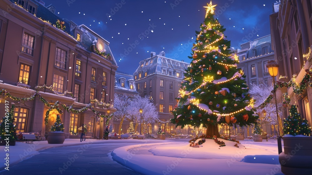 festive Christmas tree decorated with glowing lights shines in the center of a snowy plaza. festive Christmas tree decorated with glowing lights shines in the center of a snowy plaza.