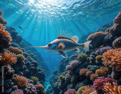 Trumpetfish in coral reef photo