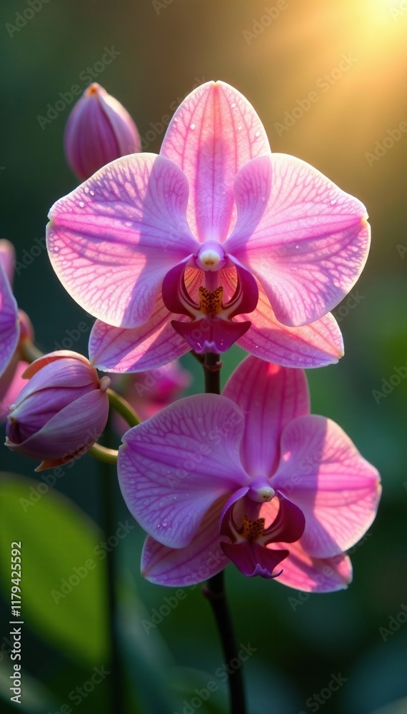 Delicate orchid petals unfolding in morning light, flowers, water droplets, dew drops Delicate orchid petals unfolding in morning light, flowers, water droplets, dew drops