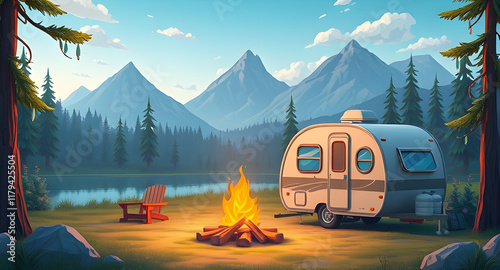 Cartoon camping. Summer nature scene with trailer tent and bonfire. Scenic forest panorama. Lake and mountain peaks scenery. Empty campsite in woodland meadow. Vector landscape background
for tourism 