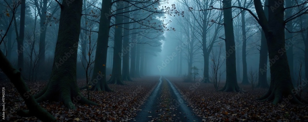 Fototapeta premium Dark forest path winding through trees with bare branches and misty fog, solitary trekking, atmospheric landscape, mysterious forest