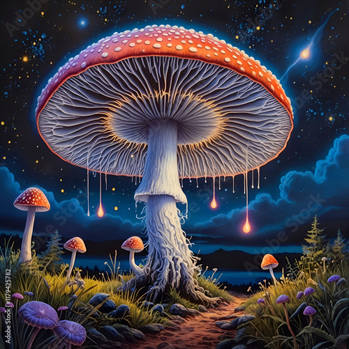 Fantastical Mushrooms Vibrant, fantastical fungi emerging from a cosmic, starry background, blending natural beauty with imaginative, otherworldly elements photo