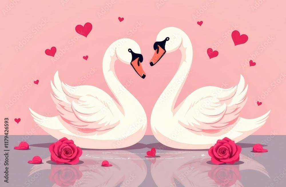 Fototapeta premium two white swans surrounded by flowers and hearts on the pink surface of the water, eternal love, Valentine's Day, postcard