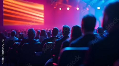 A large group of people are sitting in a theater watching a movie