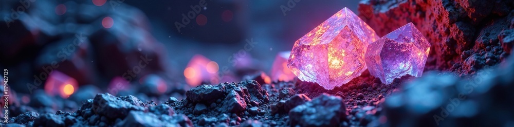 Fototapeta premium Iridescent crystals embedded in rock formations, radiant, glowing, luminous