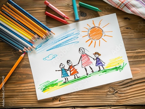 Drawing of happy family with colored pencils on a wooden table