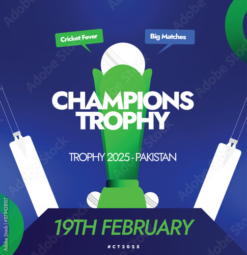 Cricket Champions Trophy 2025. Cricket Champions Trophy held in Pakistan banner with silhouette 2025 trophy, bats, ball. Champions Trophy banner with official colour theme. Conceptual banner