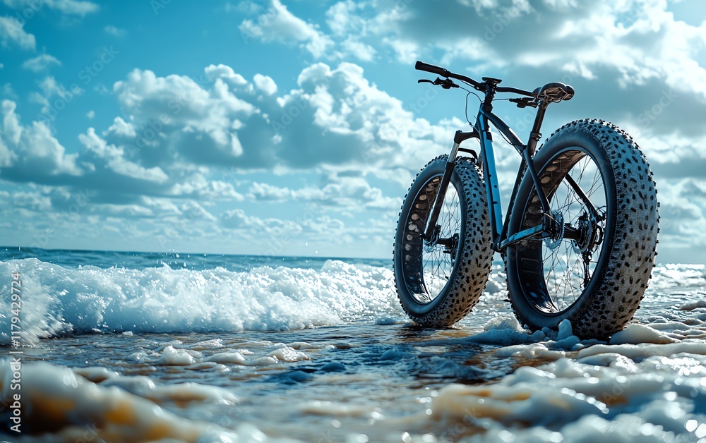 Fototapeta premium A bike on the seashore, resting on the soft sand with ocean waves crashing, a scene of fitness, motivation, and seaside outdoor adventure