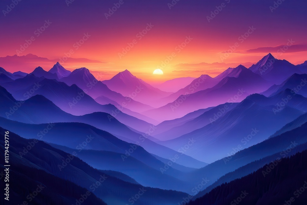 Obraz premium breathtaking mountain range panorama with dramatic sunset colors layered silhouettes of majestic peaks against vibrant orange and purple sky
