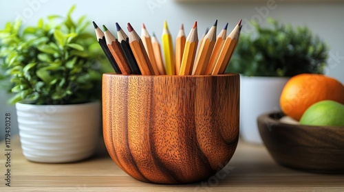 Pencil Holder on Desk with Plants. Generative AI photo