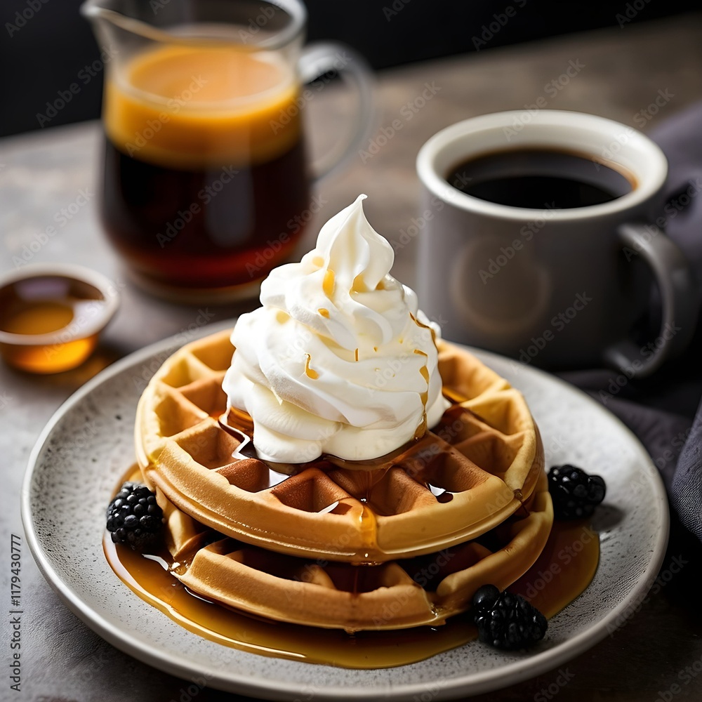 Waffles with Honey and Whipped Cream, French Press Coffee Waffles with Honey and Whipped Cream, French Press Coffee