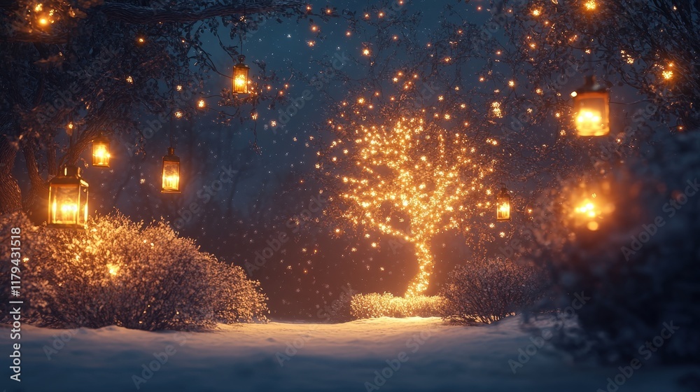 Naklejka premium festive outdoor Christmas background with a glowing tree surrounded by snowy bushes and lit by vintage lanterns.