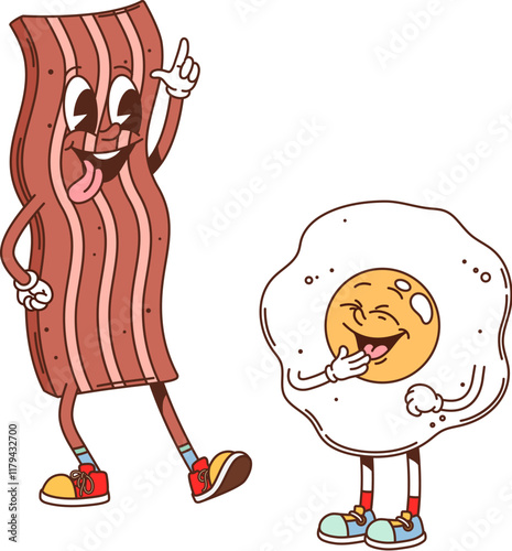 Cartoon groovy fast food bacon and fried egg characters. Fast food breakfast meal cartoon vector personages. Nutrition cholesterol and fat groovy cute characters. Pork bacon and egg laughing mascots