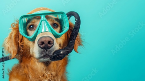 Charming Golden Retriever Equipped with Scuba Mask and Snorkel Ready for Underwater Adventure Against Blue Background