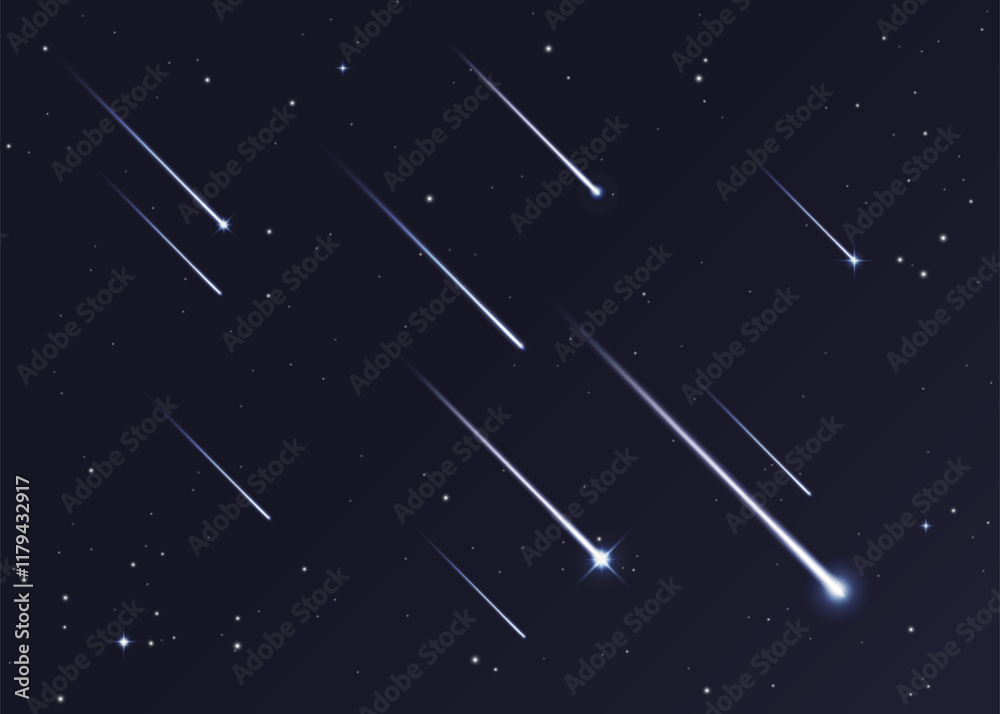 Night sky with shooting stars vector background. Space comets and meteors falling with light trails and sparkles. Realistic 3d shooting stars or meteor shower on dark night sky, starry galaxy backdrop