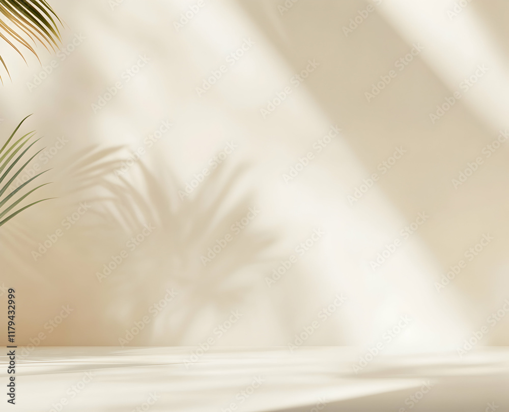 Obraz premium Serene Shadows of Palm Leaves Casting Artistic Patterns on Beige Wall
