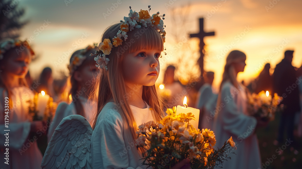 Naklejka premium Easter Procession at Sunset with Children Dressed as Angels Carrying Flower Garlands