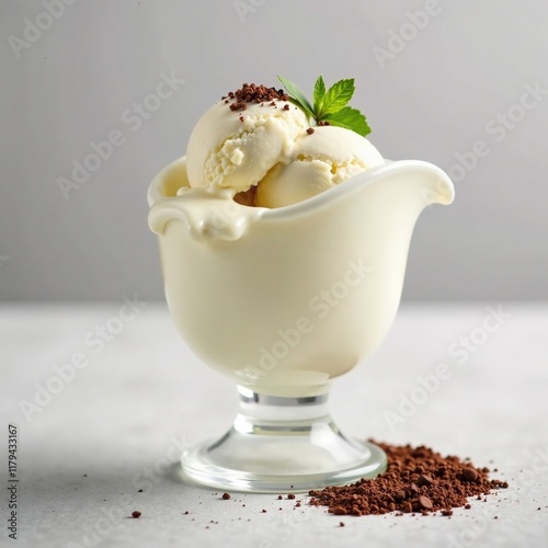 Clear glass creamer filled with creamy white ice cream, ice cream, dessert, chocolate shavings