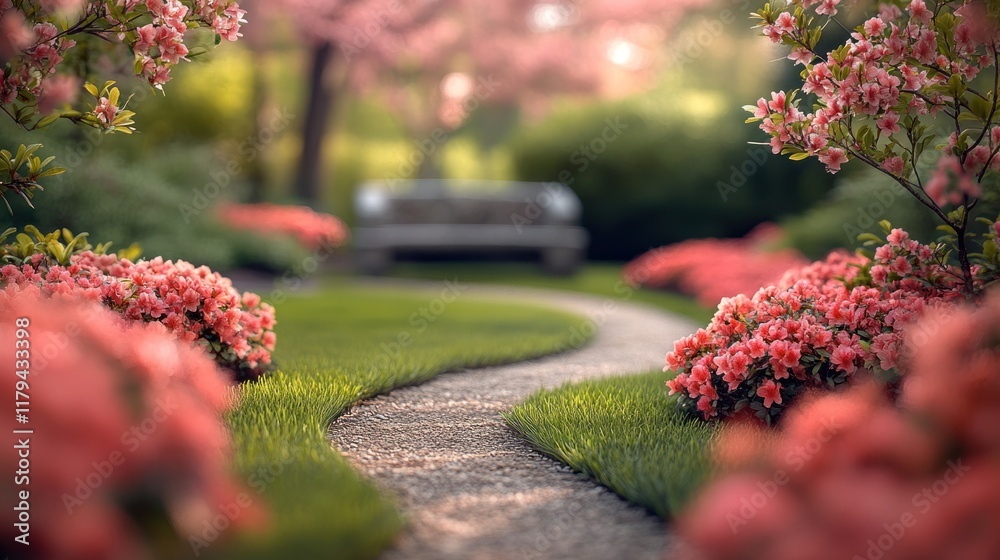 Obraz premium Stroll along a serene garden path surrounded by blooming azaleas in springtime bliss. Generative AI