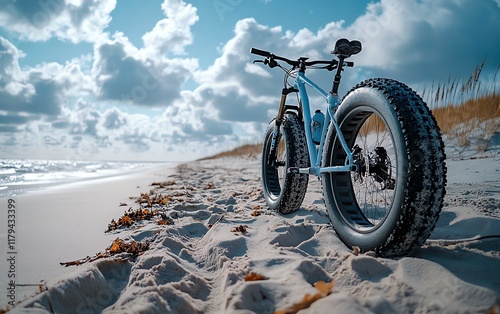 A mountain bike on a sandy beach, tires in the soft sand, ocean waves in the distance, evoking fitness, motivation, and outdoor sports inspiration