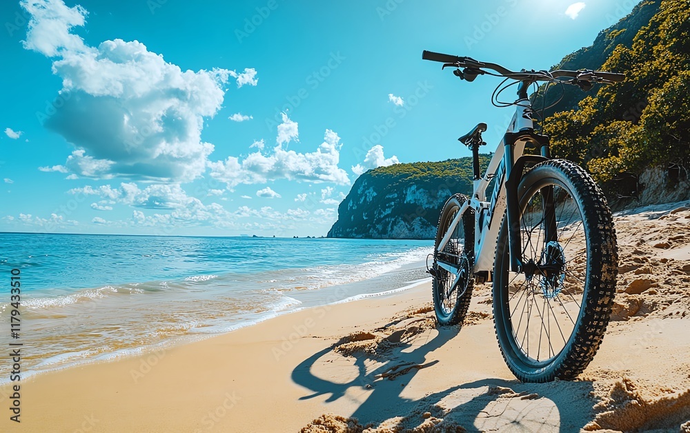 Fototapeta premium A mountain bike on the sandy beach, overlooking the ocean horizon, promoting fitness, sports, and inspiration for an adventurous lifestyle