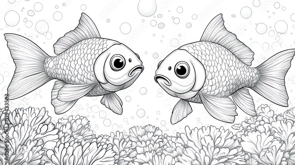Fototapeta premium Two goldfish facing each other underwater, amidst coral.