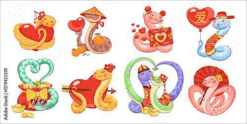 Cartoon valentines day Asian snakes with love hearts, celebrating love, prosperity, and Chinese new year traditions with hearts, red envelopes, mandarin fruits, gold coins and festive accessories