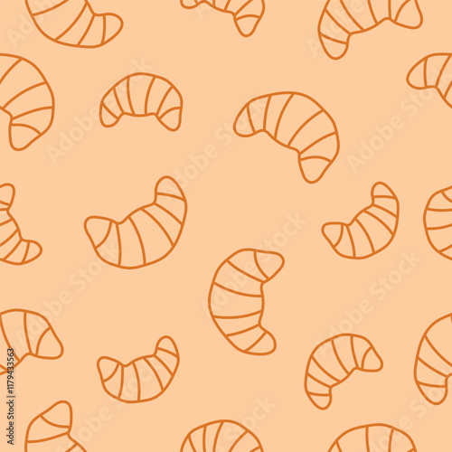 Vector pattern illustration with croissant on beige background. Pattern for print, textile, clothes and social media.